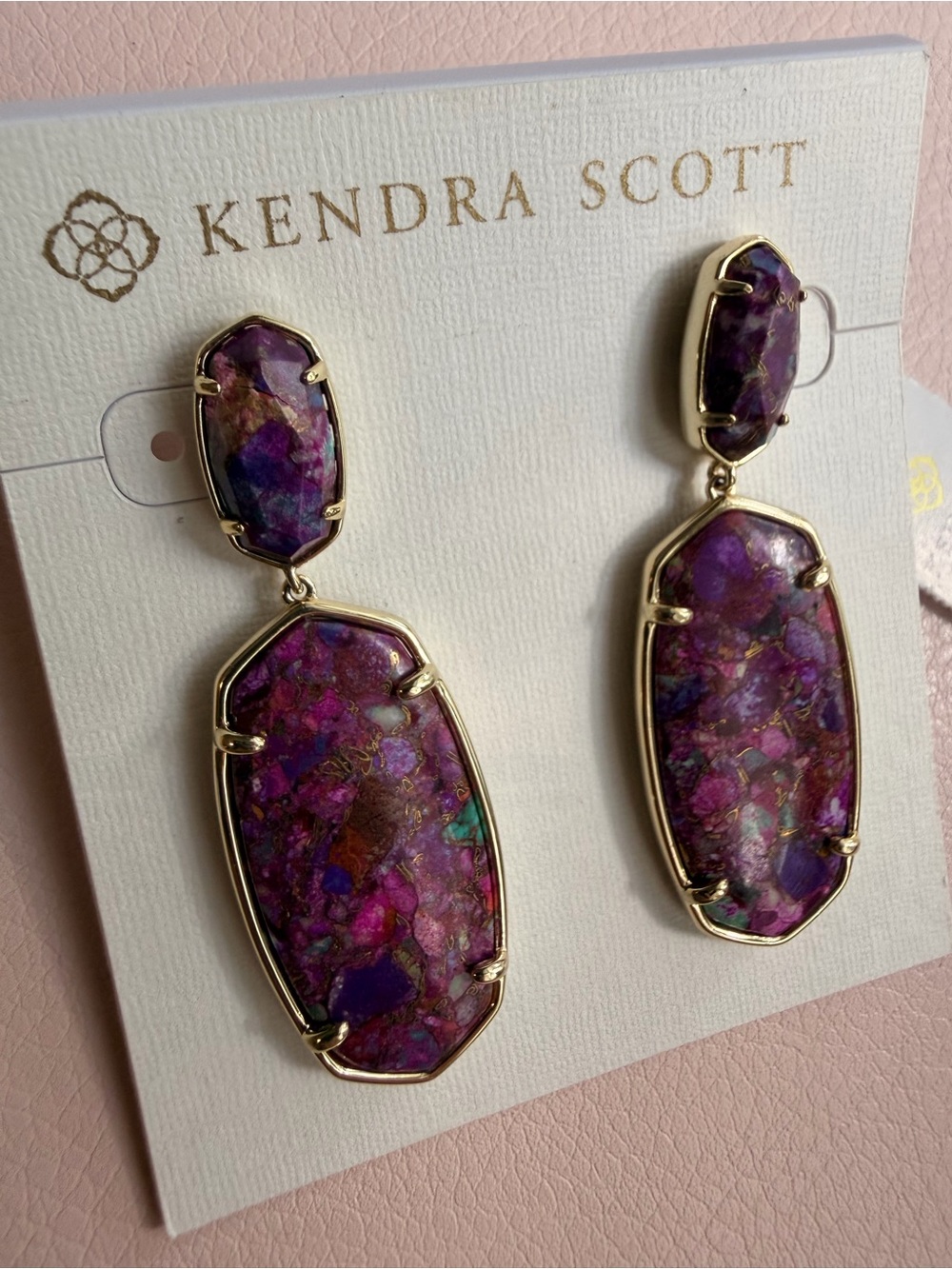 NWT Kendra Scott Framed Drop Elle Earrings in Bronzed Veined Purple Magnesite